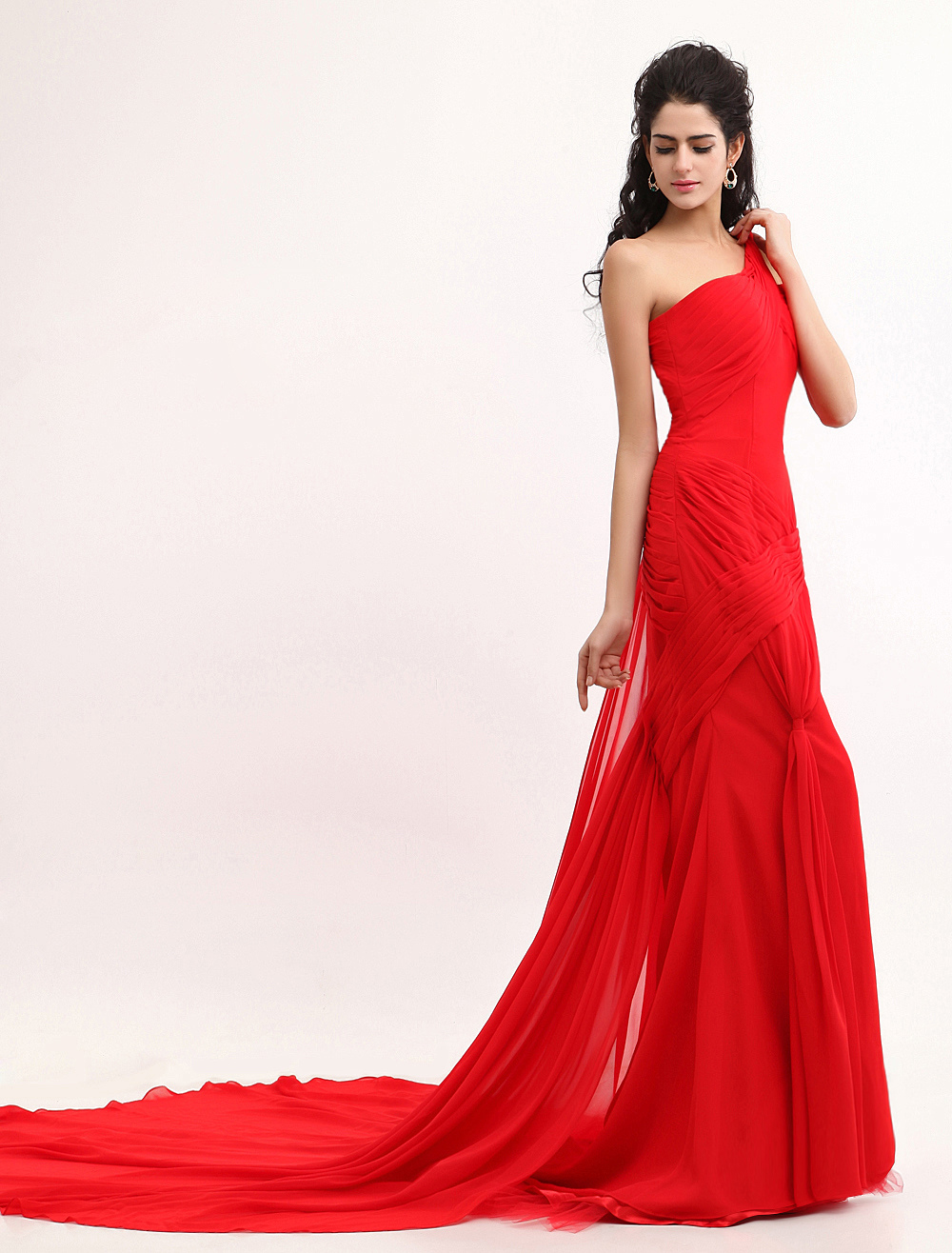 Red Sofia Vergara One-Shoulder Mermaid Trumpet Chiffon Emmy Awards ...