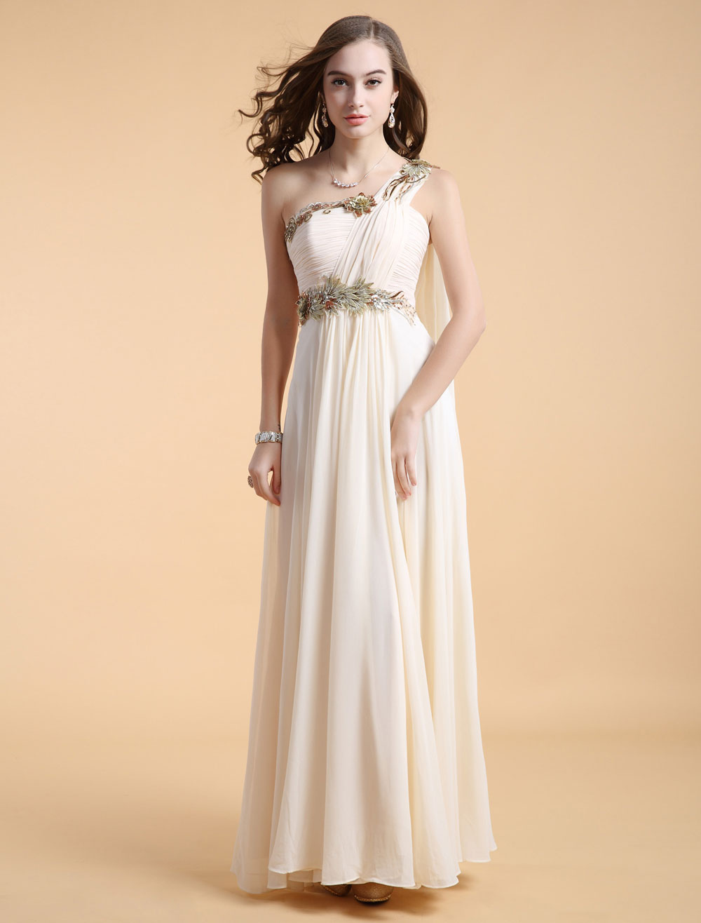 Ivory Pleated One-Shoulder A-line Chiffon Grace Evening Dress - Milanoo.com