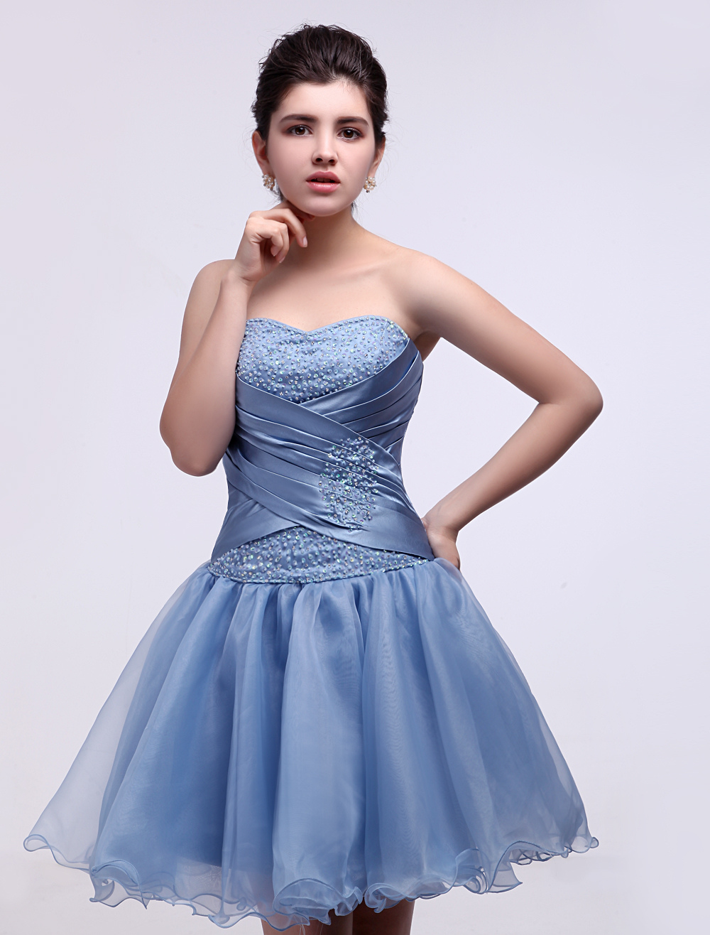 Sky Blue Satin Organza Sweetheart Mini Prom Dress - Milanoo.com