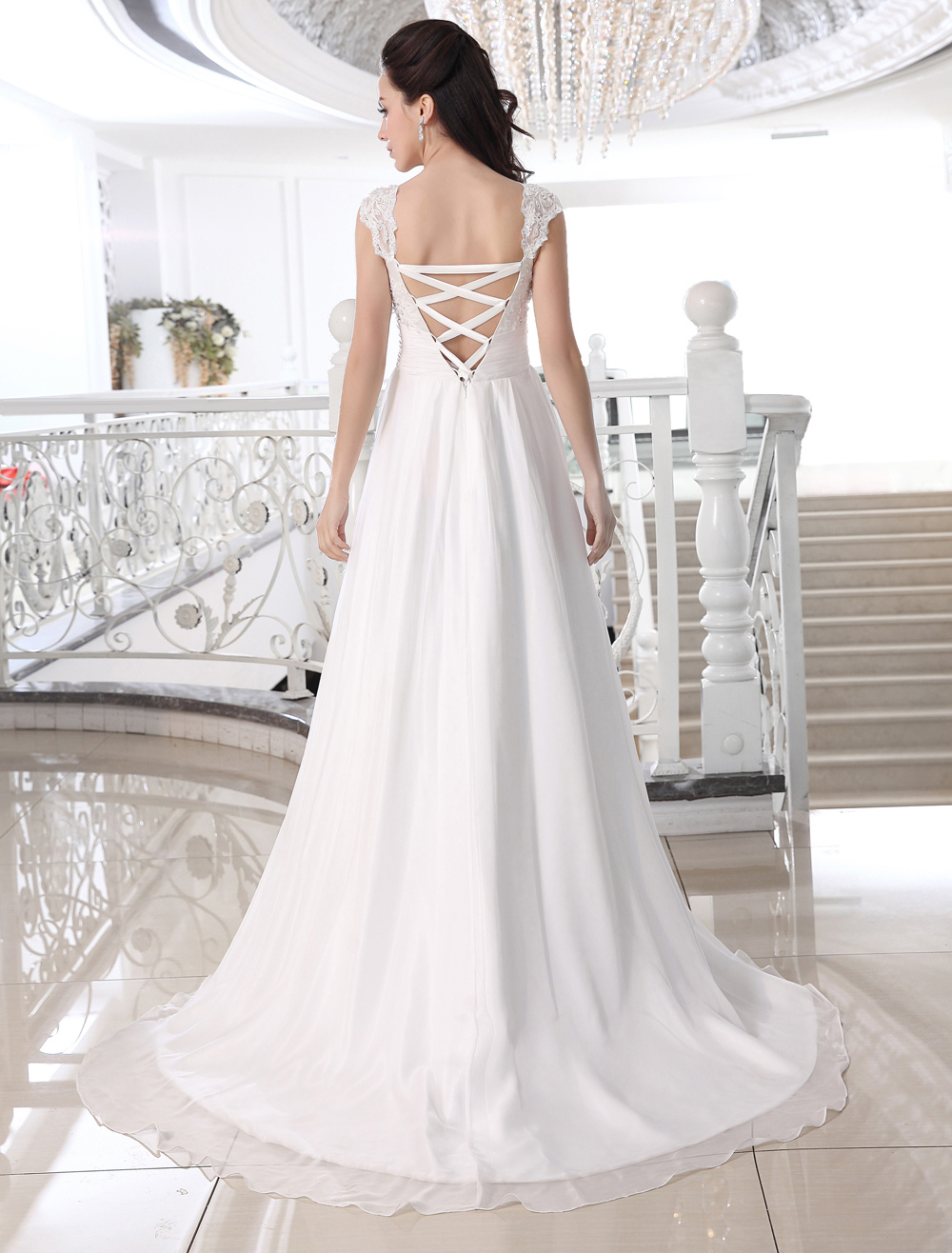 Ivory Chiffon Lace V-neck Empire Waist Wedding Dress