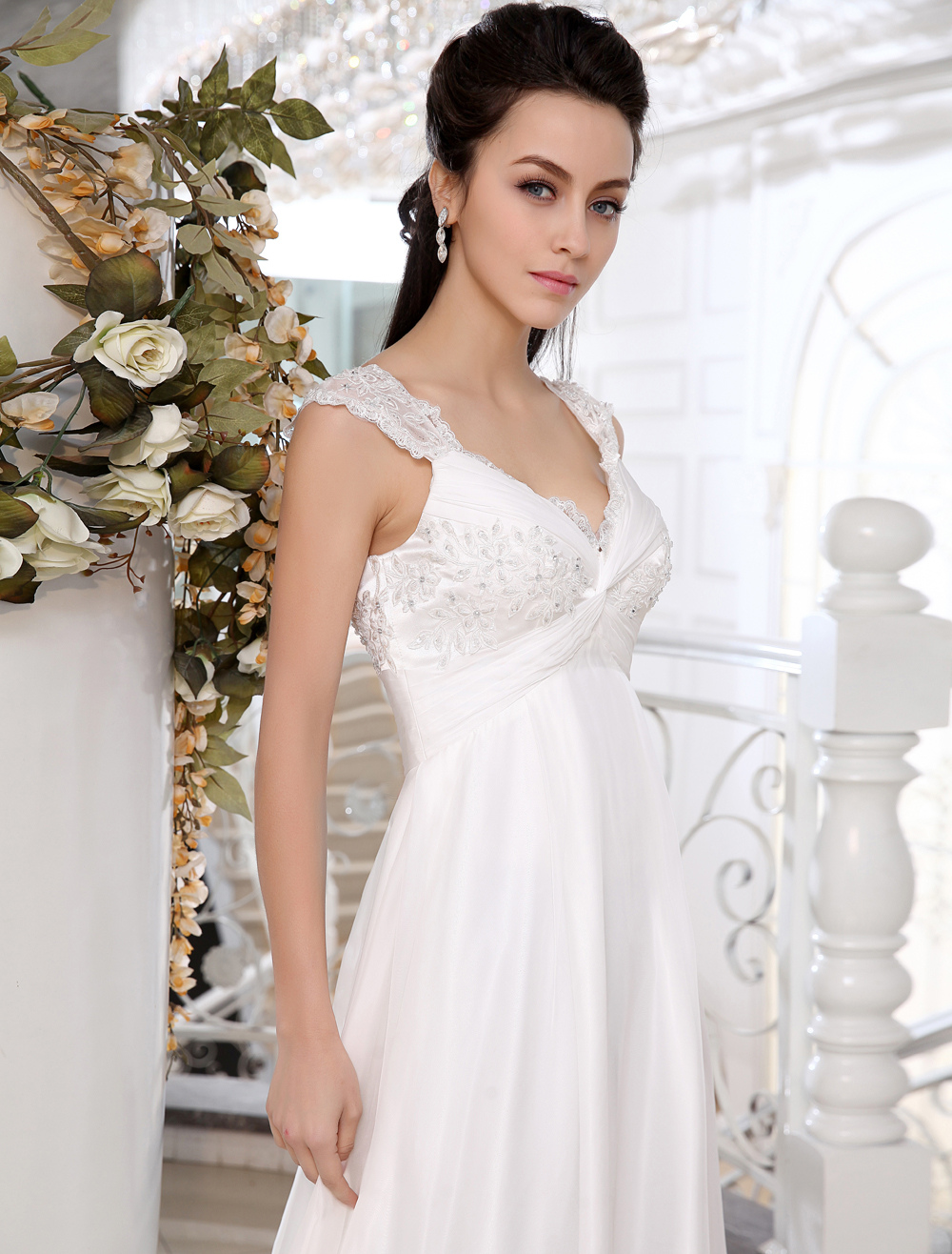 Ivory Chiffon Lace V-neck Empire Waist Wedding Dress - Milanoo.com