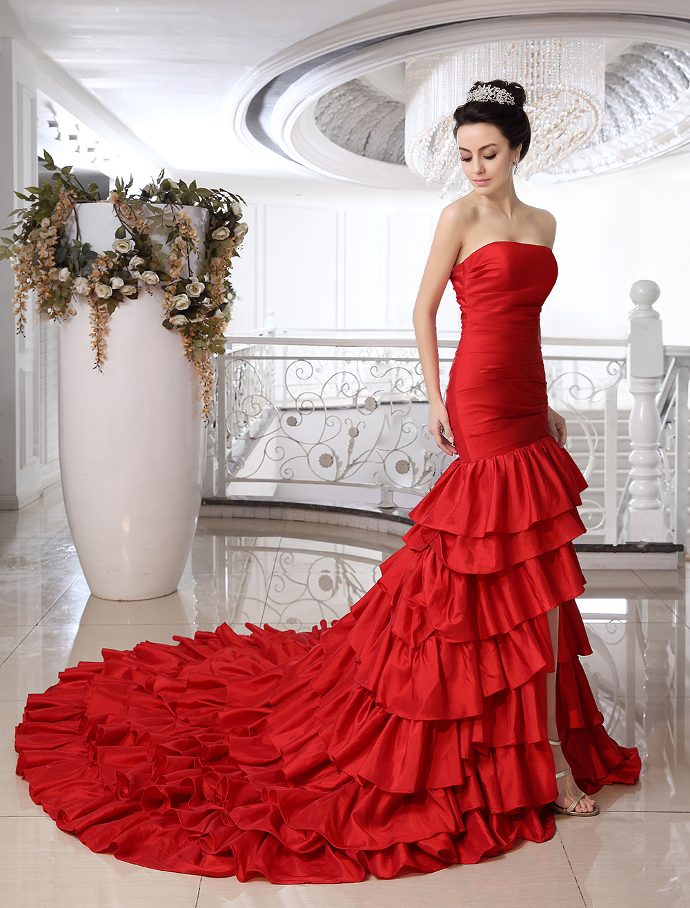 Red Taffeta Strapless Front Splitting A-Line Wedding Dress - Milanoo.com