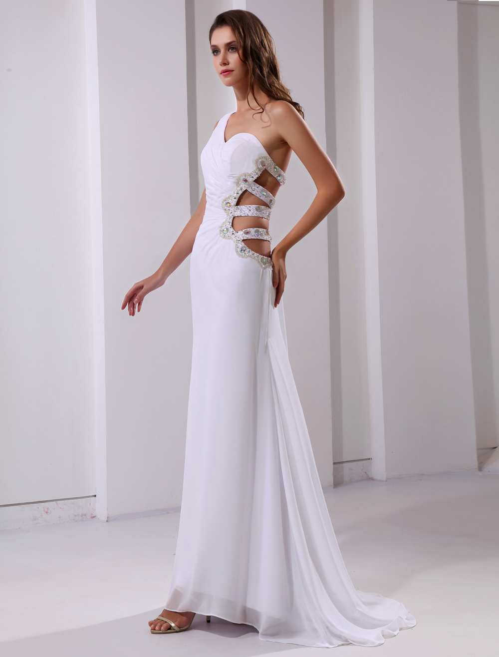 Sexy White Chiffon One Shoulder Cut Out Sweep Prom Dress 