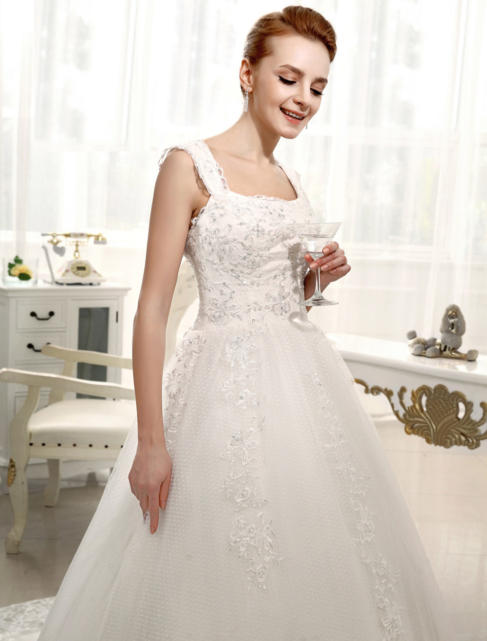 Ivory Wedding Dress Straps Backless Bridal Dress Lace Sequin Chapel