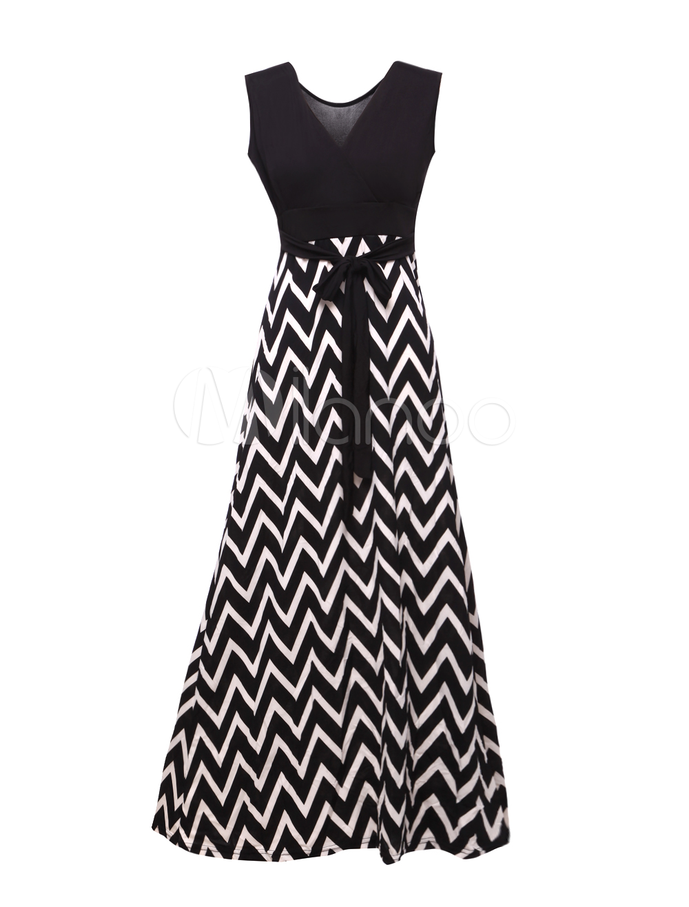 Attractive Black V-Neck Zigzag Pattern Maxi Dress - Milanoo.com