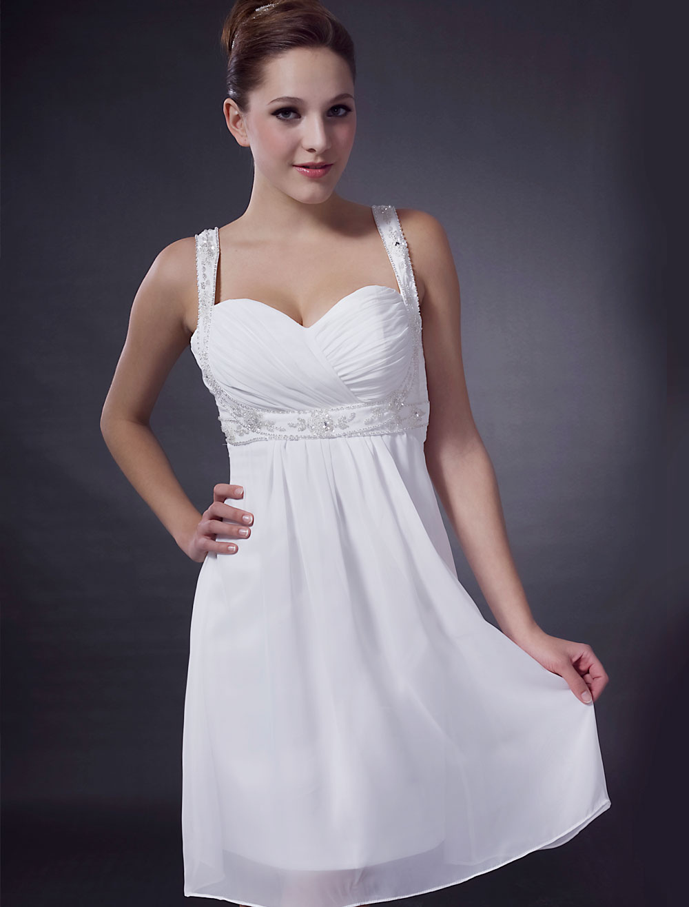 White Chiffon Short Cocktail Dress With Beaded 5593