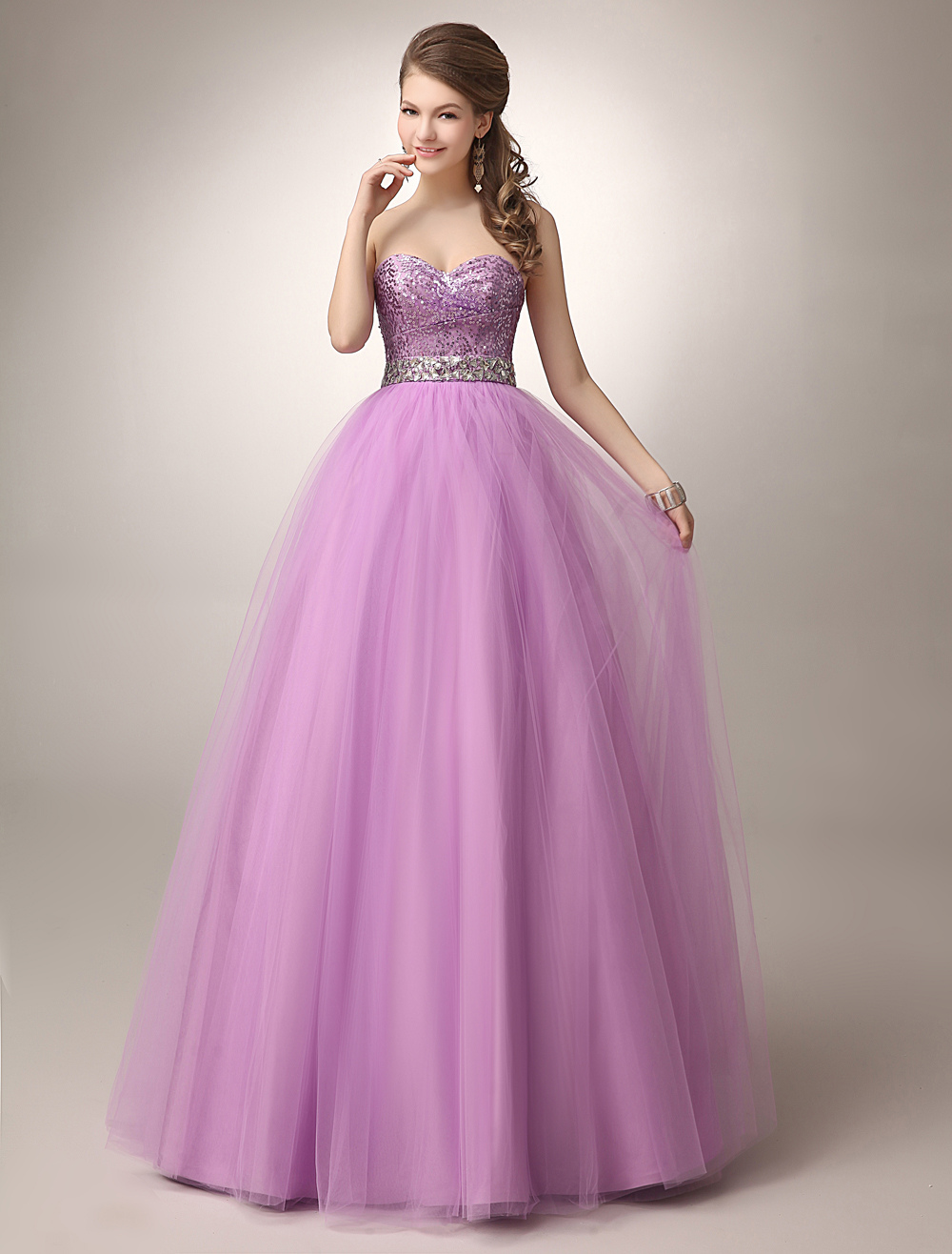 Fuchsia Pink Prom Dress Sequin Tulle Ball Gown Sweetheart Beaded Floor