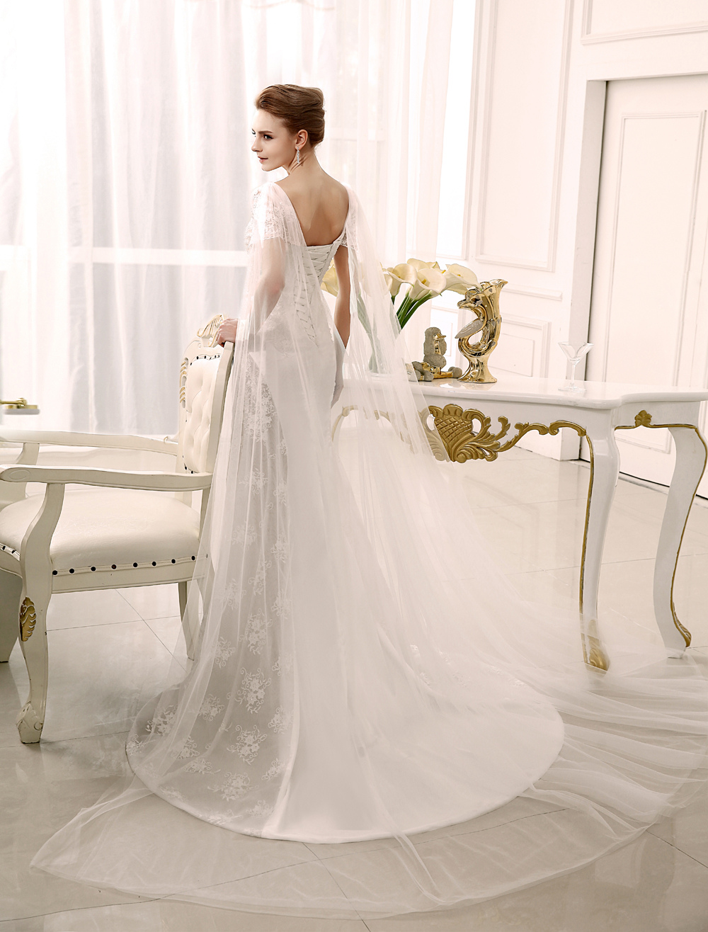 Boho Wedding Dress Mermaid Watteau Train Ivory Applique Bridal Wedding