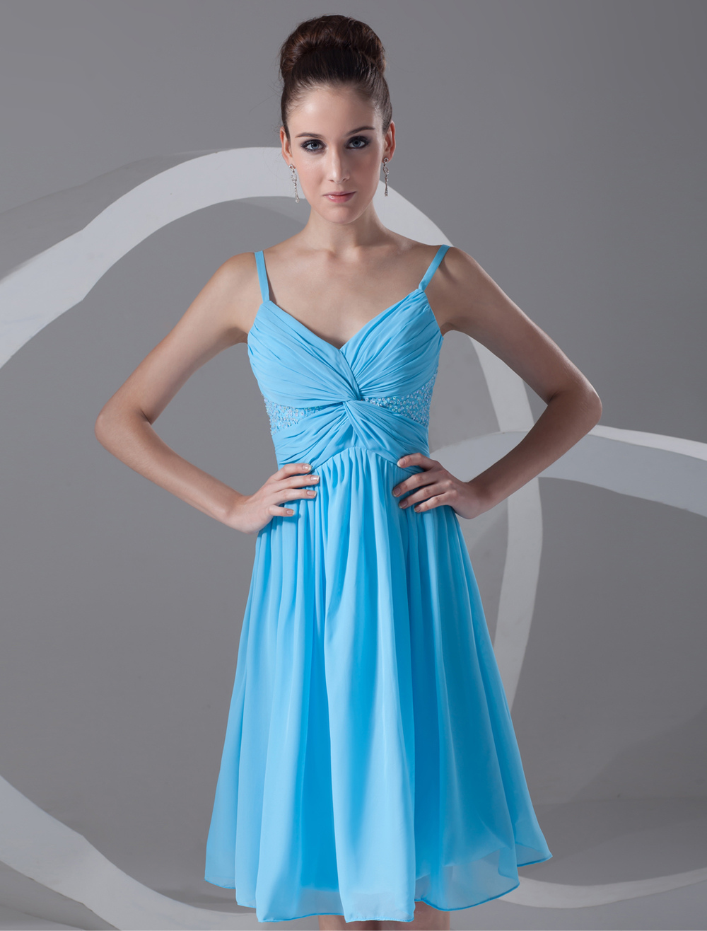 Chiffon Cocktail Dress Aqua Ruched Short Prom Dress Knotted Spaghetti ...