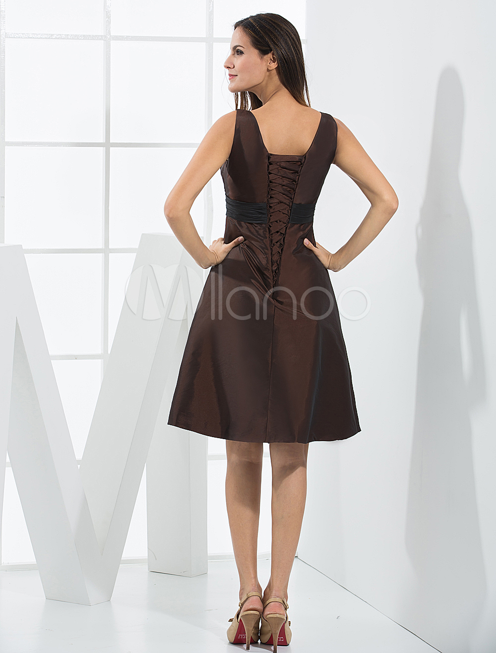 brown-v-neck-taffeta-cocktail-dress-milanoo