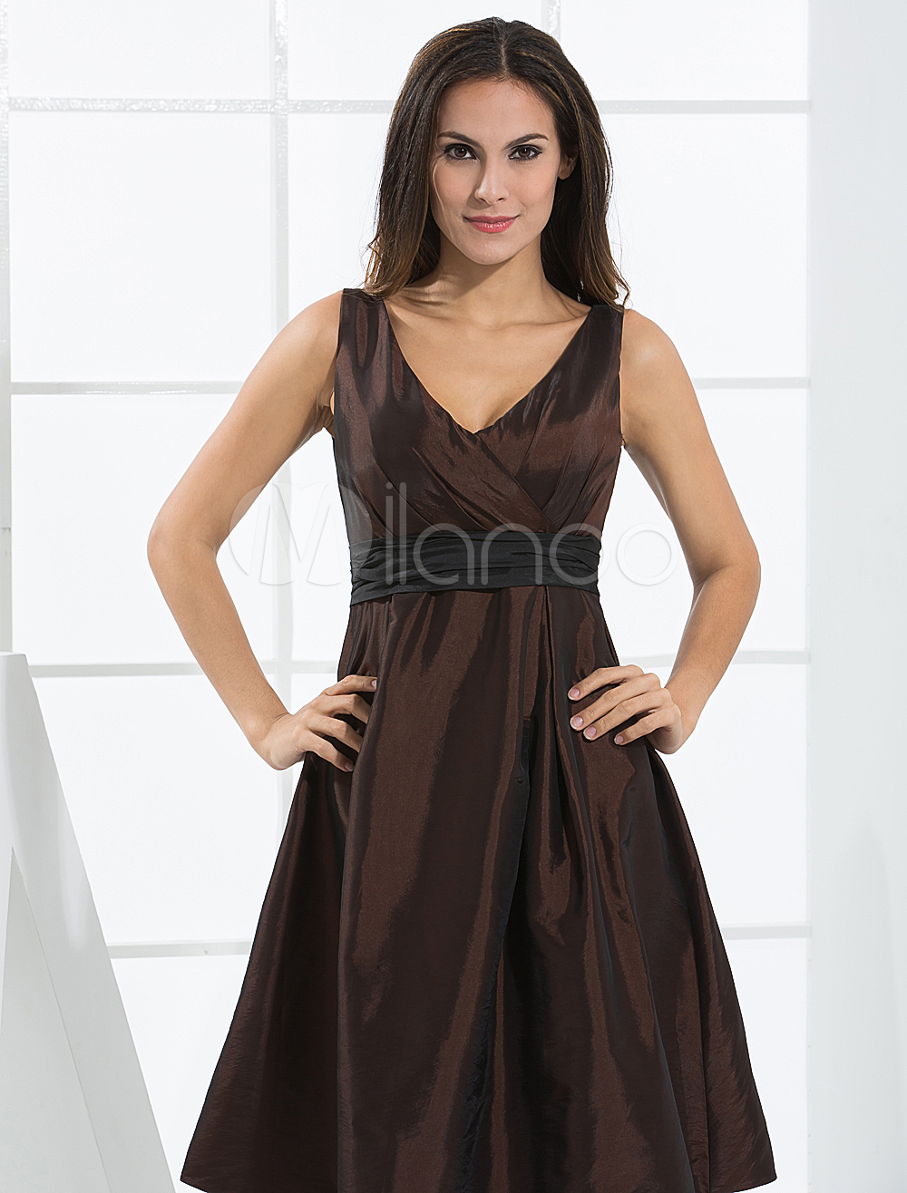 brown-v-neck-taffeta-cocktail-dress-milanoo