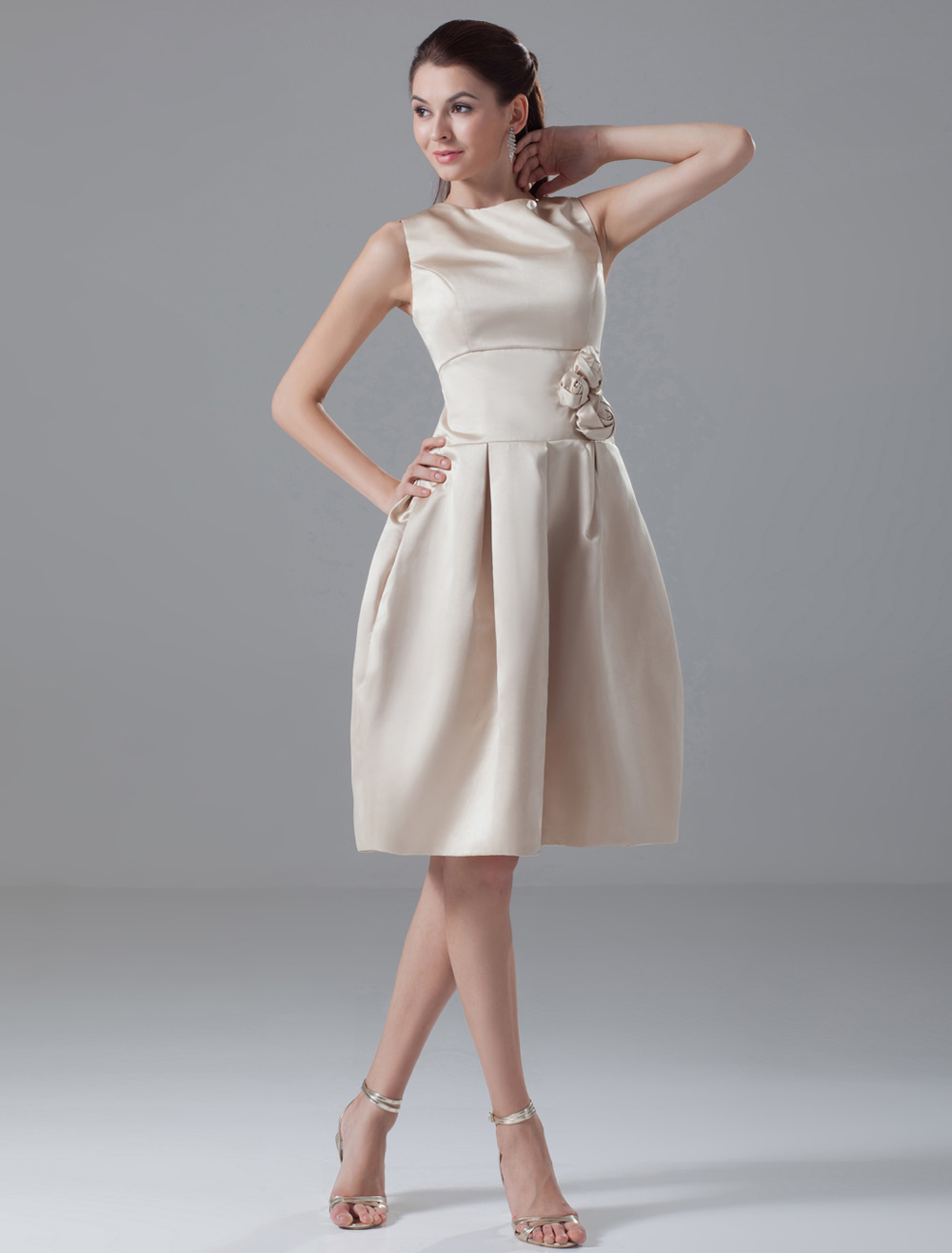 Champagne A-line Pretty Knee-Length Flower Satin Cocktail Dress with ...