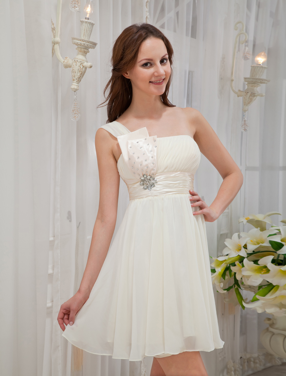 2015 Champagne One Shoulder A Line Knee Length Formal Dress WPEA1777 - DressesMallAU.co