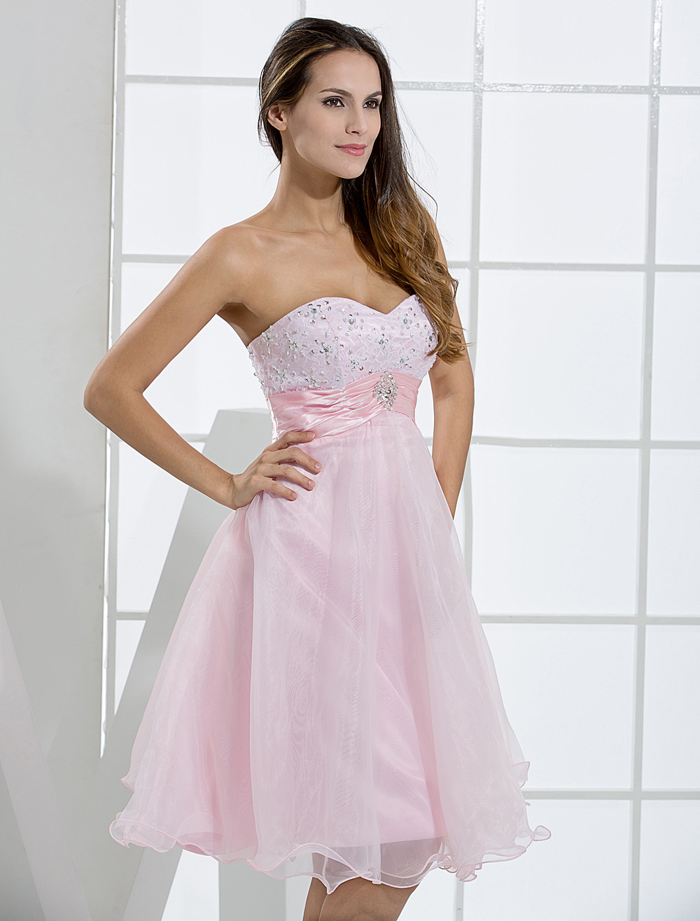 Cute Pink Homecoming Dress with Beaded Sweetheart Bodice - Milanoo.com