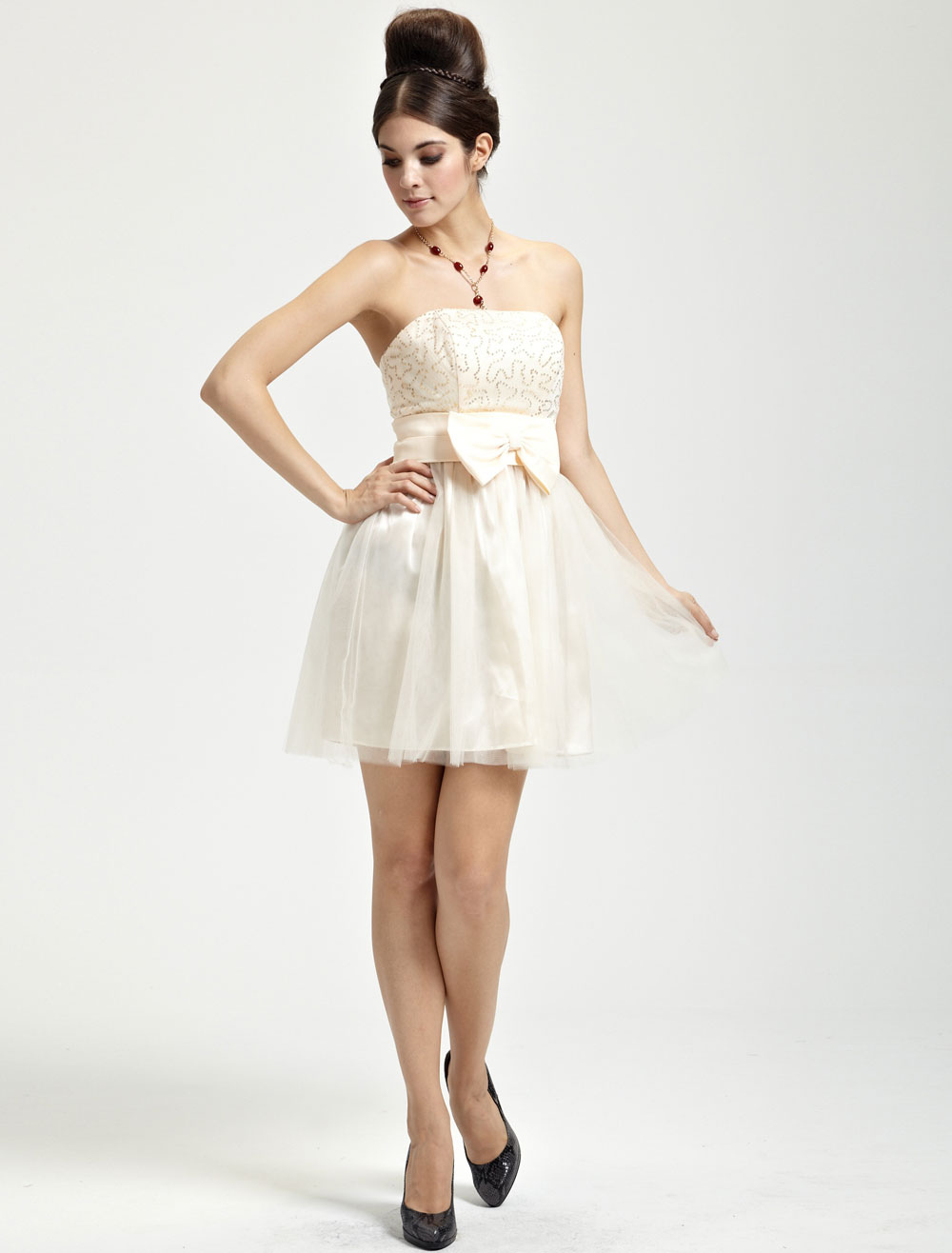 Pretty Champagne Satin Knee Length Strapless Womens Cocktail Dress