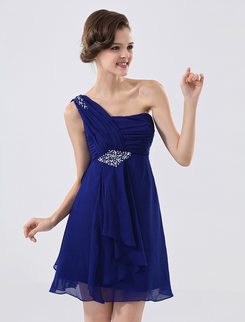 Royal Blue One-Shoulder Rhinestone Satin Chiffon Homecoming Dress ...