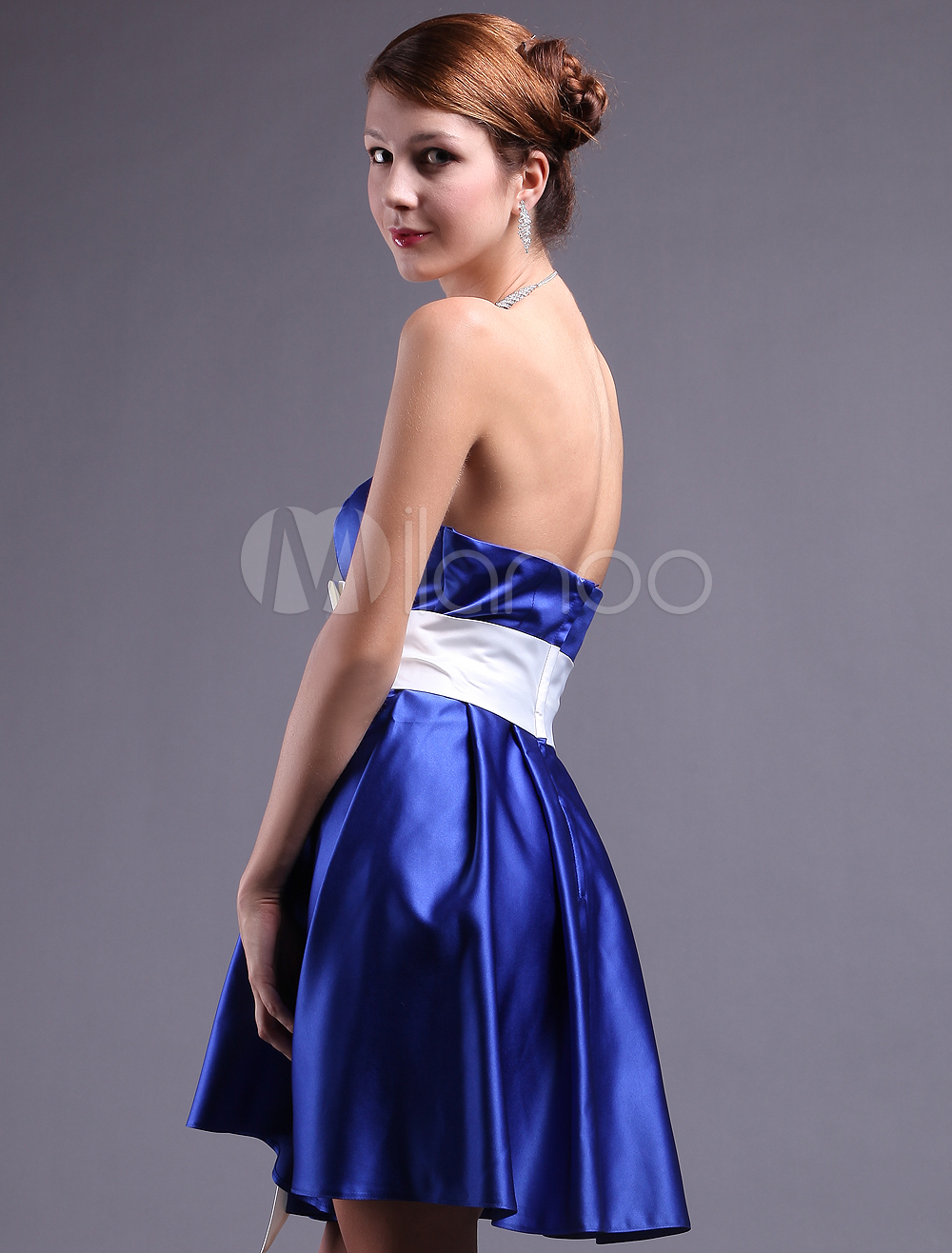 Royal Blue Satin Bow Sash Strapless Prom Dress