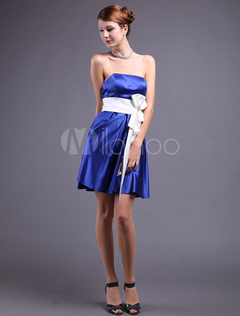 Royal Blue Satin Bow Sash Strapless Prom Dress