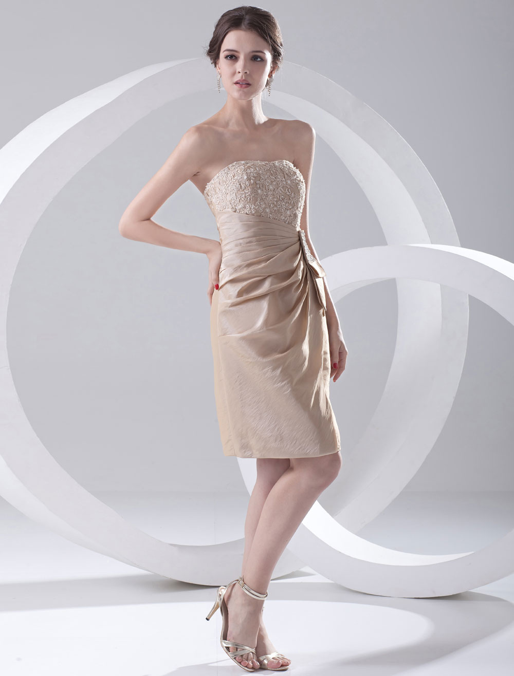 Champagne Cocktail Dress KneeLength Strapless Sheath Rhinestone Ruched