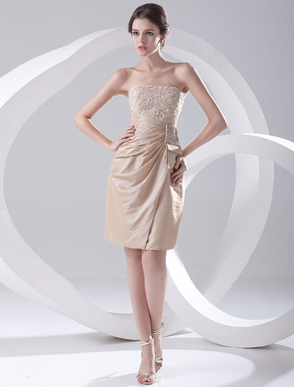 Champagne Cocktail Dress KneeLength Strapless Sheath Rhinestone Ruched