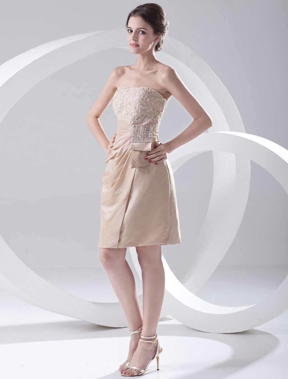 Champagne Cocktail Dress Knee Length Strapless Sheath Rhinestone Ruched Taffeta Dress