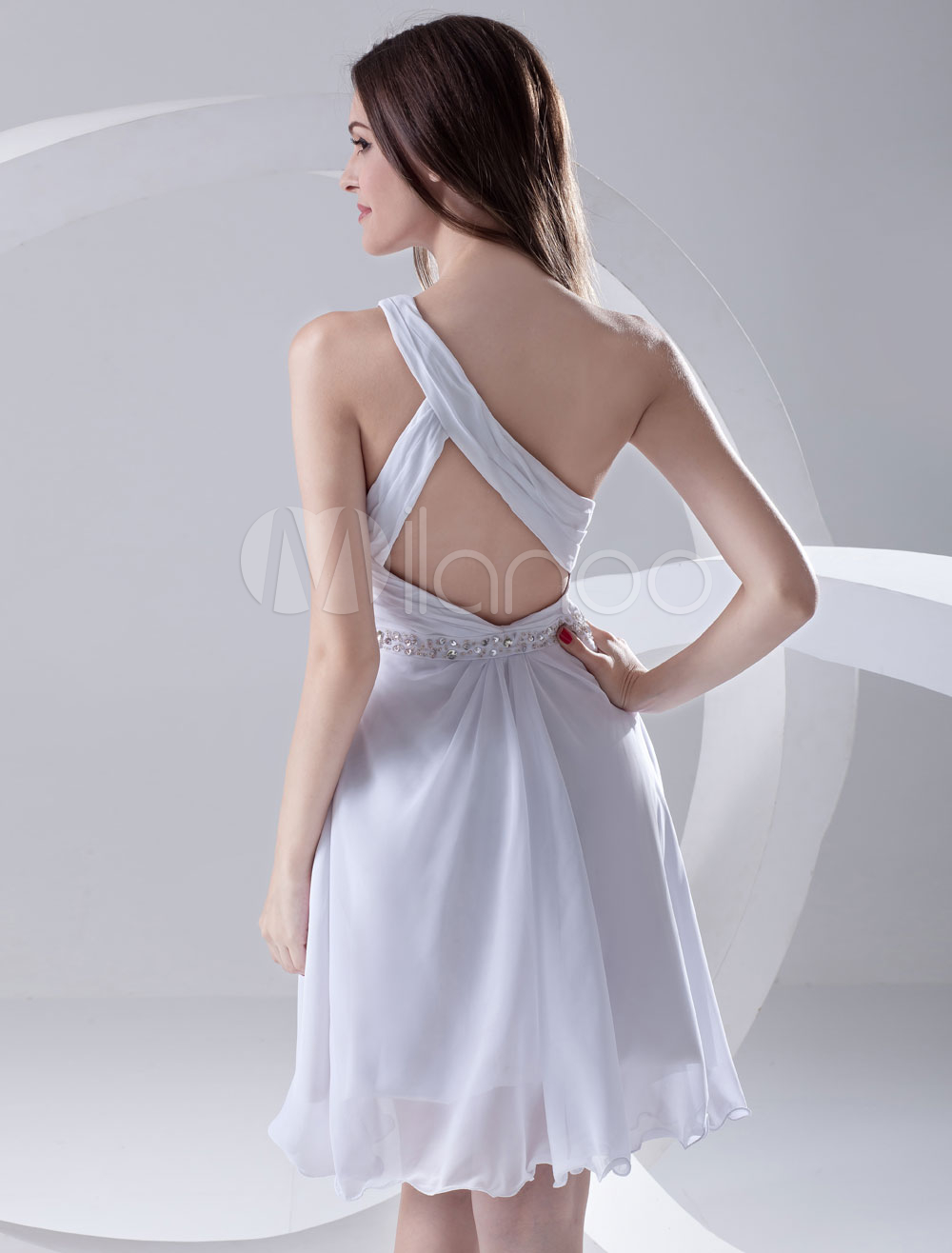 White KneeLength Cut Out Chiffon Graduation Dress with Grace One