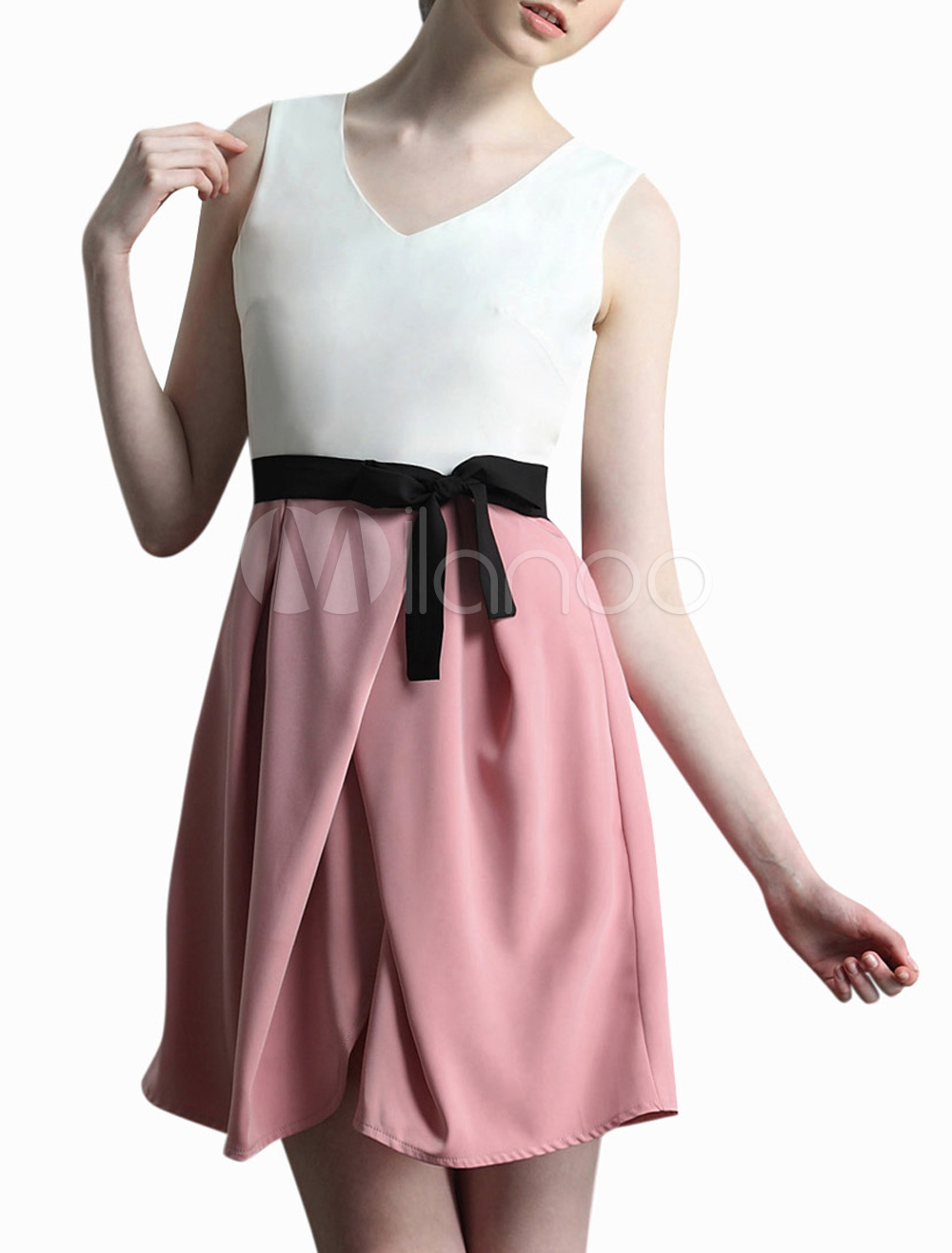 Charming Pink Sleeveless Two-Tone Pleated Womens Vintage Dress ...