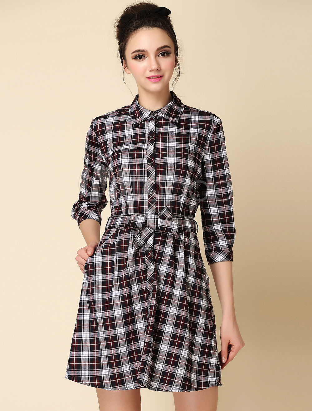 Attractive Spread Neck Long Sleeves Pure Cotton Plaid Cool Shirt Dress ...