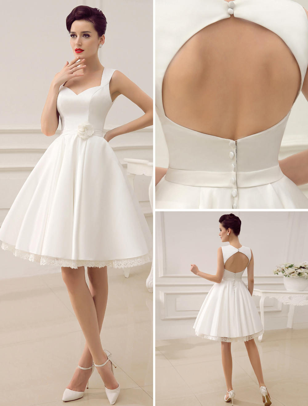 Short Wedding Dresses Satin 1950 S Vintage Bridal Dress Queen Anne Short Wedding Dresses Satin 1950 S Vintage Bridal Dress Queen Anne Neck Open Back Lace Trim Flower Sash Reception Milanoo