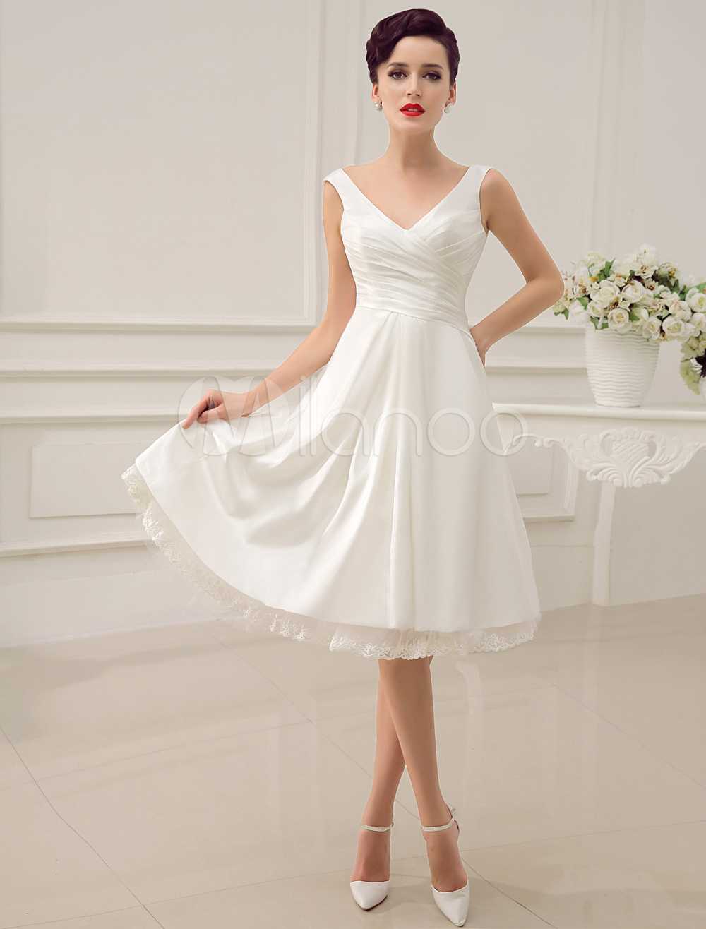 Ivory Wedding Dress Knee-Length Backless Straps Lace Wedding Gown ...