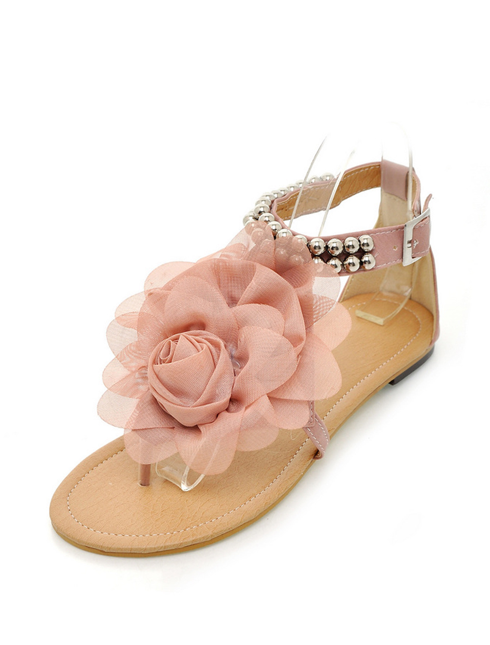 Pink Satin Flower PU Leather Bohemian Flat Sandals for Woman - Milanoo.com