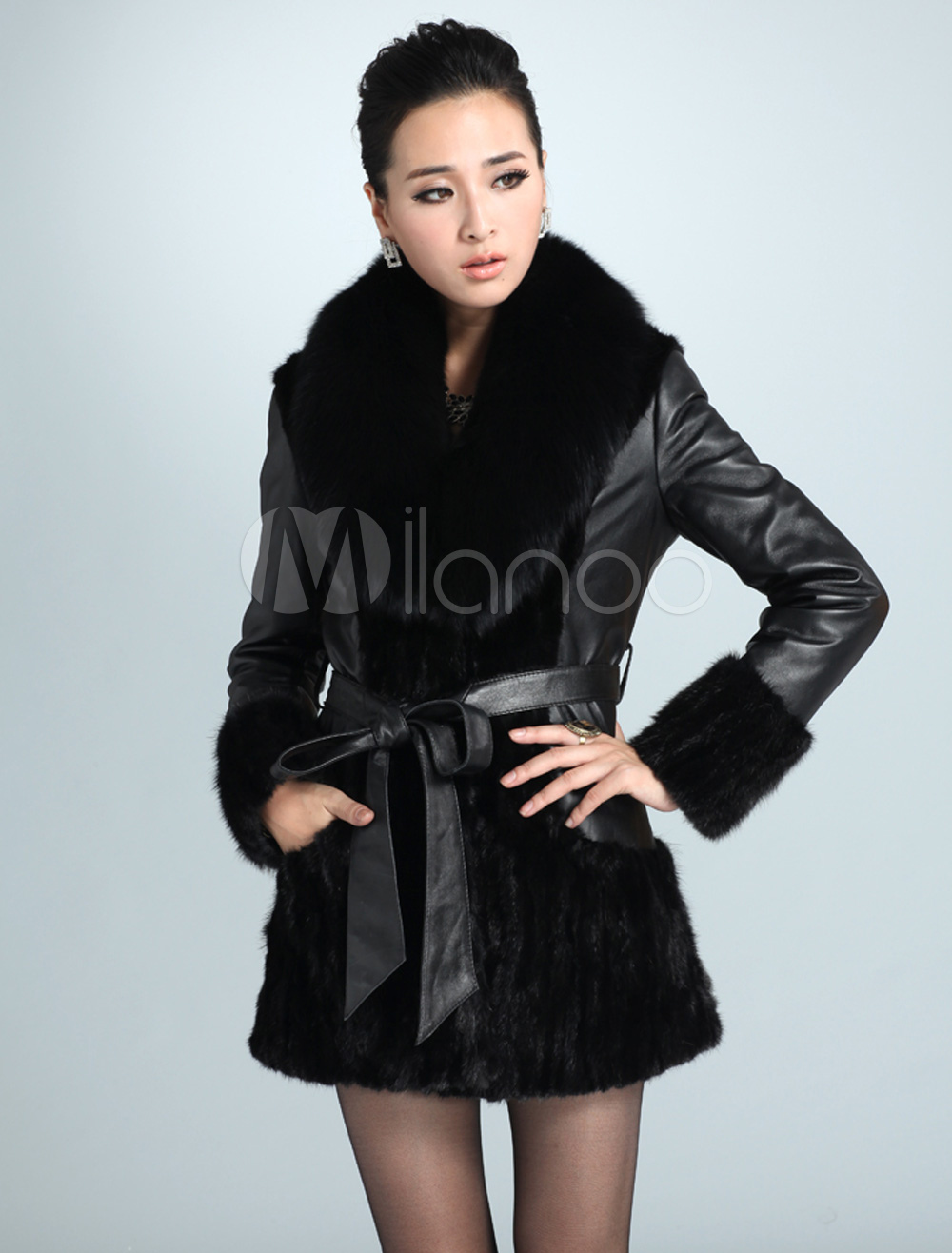 Black Sash Elegant Women's Leather Jacket - Milanoo.com