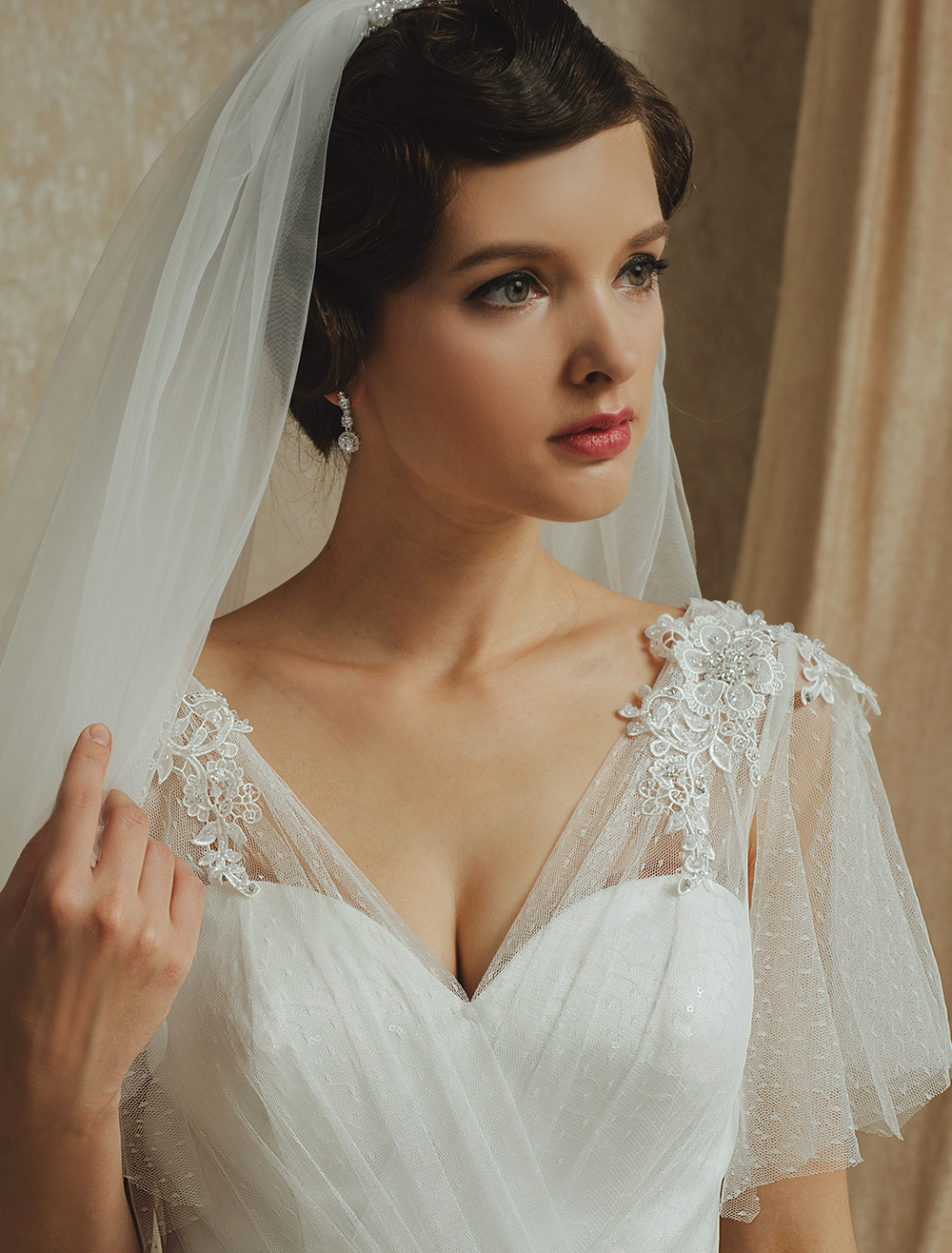 Ivory Wedding Dress with VNeck Sequined Lace ( Veil & Accessories are