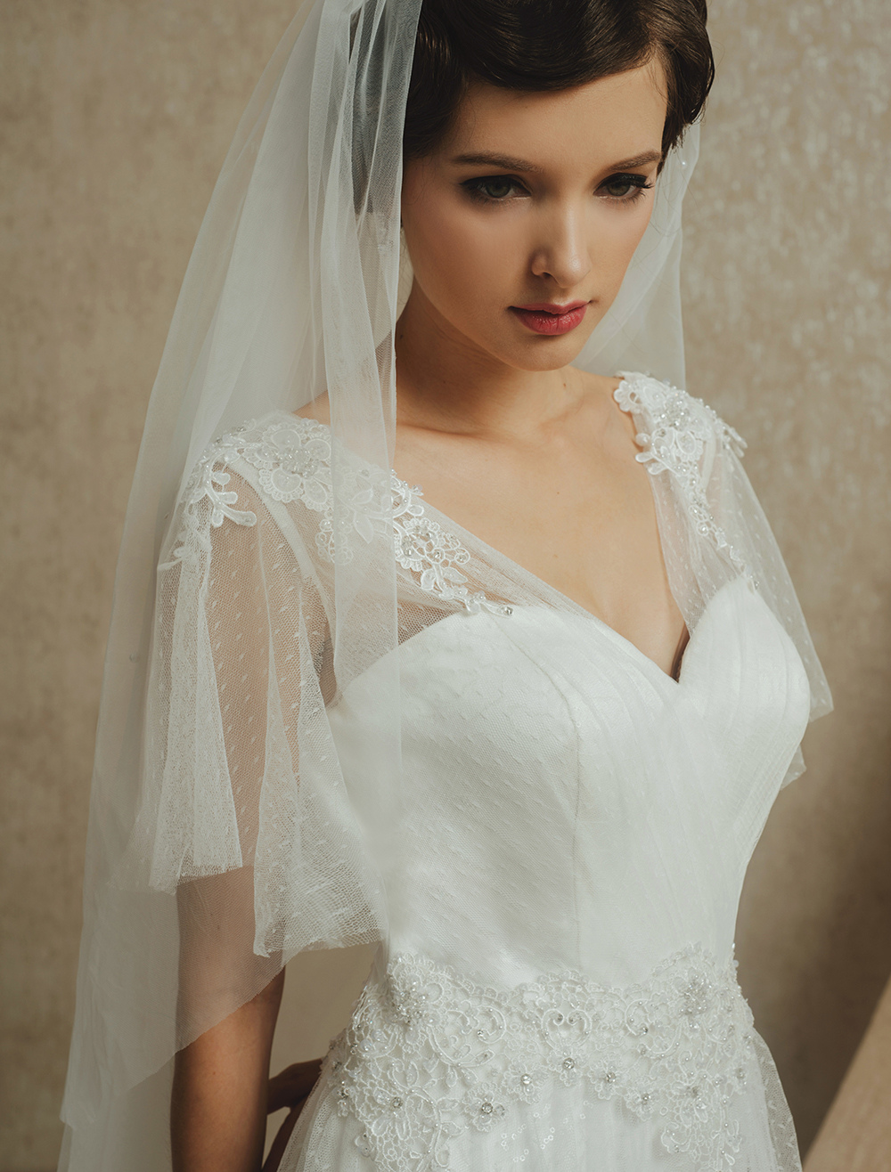 Ivory Wedding Dress with VNeck Sequined Lace ( Veil & Accessories are
