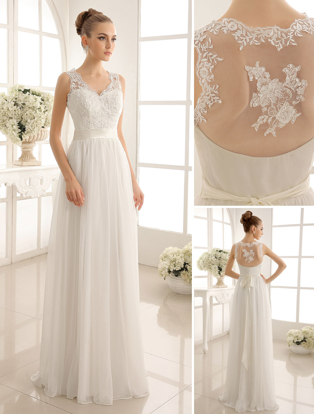 Robe de mari?�e simple Milanoo ivoire en dentelle jupe en tulle longueur au sol Robe de mariage 