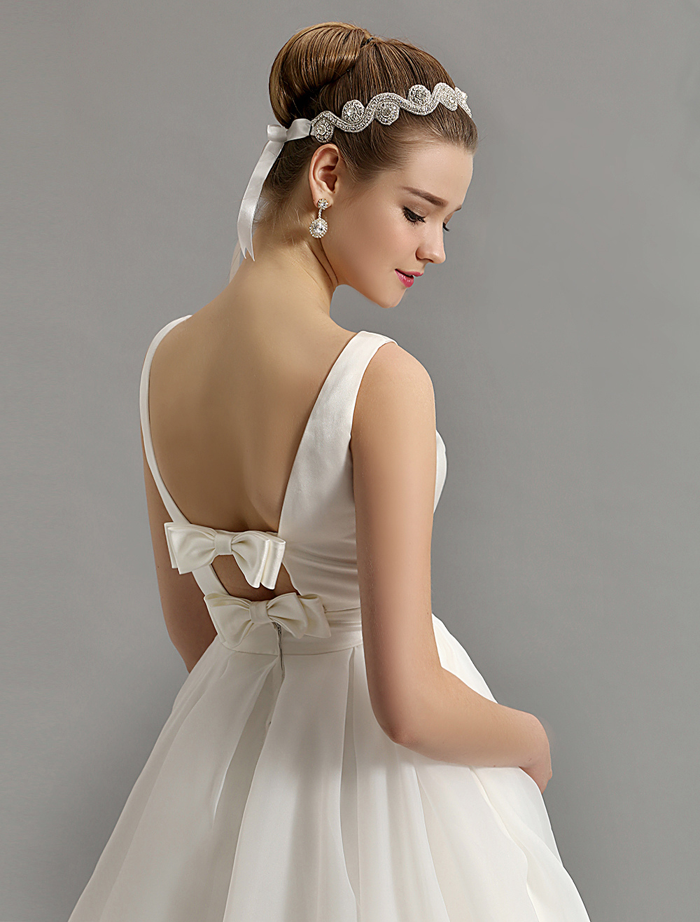 Vintage Wedding Dress V Neckline Bow Embellished Cut Out Back Satin ...
