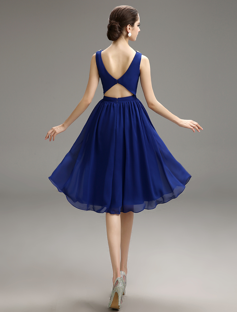 Blue Prom Dress 2021 Short Chiffon Beaded Cocktail Dress Royal Blue Knee Length Party Dress 0979