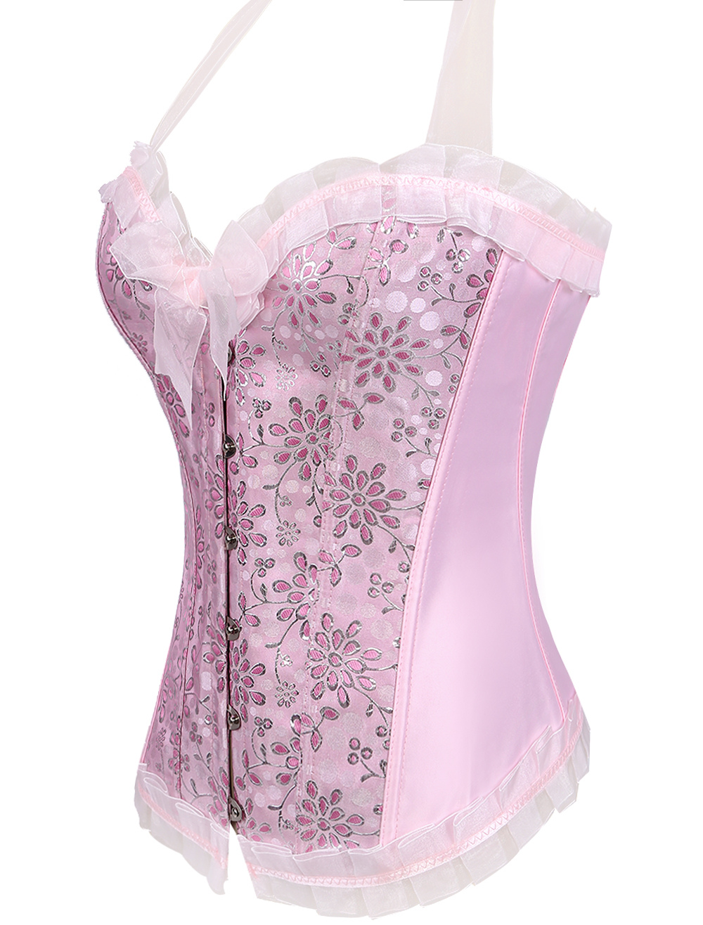 Plus Size Corset Pink Waist Trainer Lace Up Floral Halter Overbust