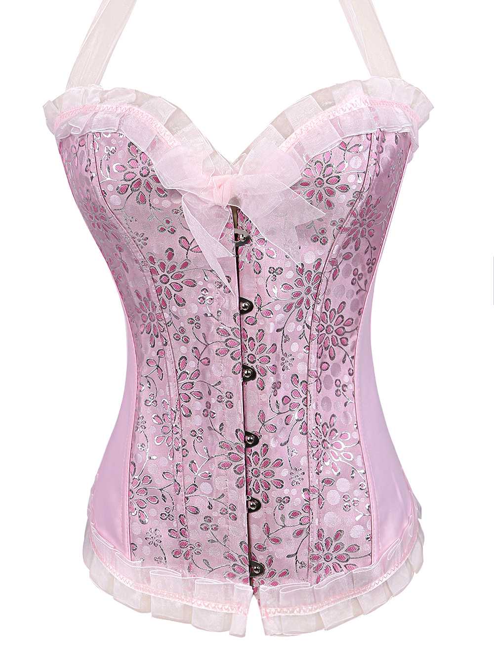 Plus Size Corset Pink Waist Trainer Lace Up Floral Halter Overbust 
