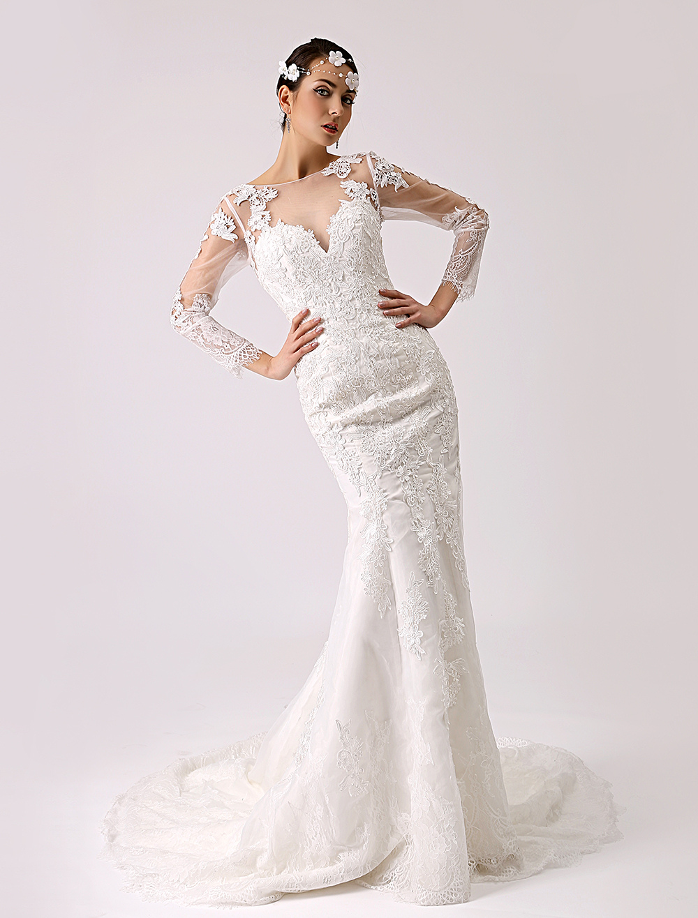 Long Sleeve Illusion Neck Mermaid Wedding Dress Milanoo - Milanoo.com