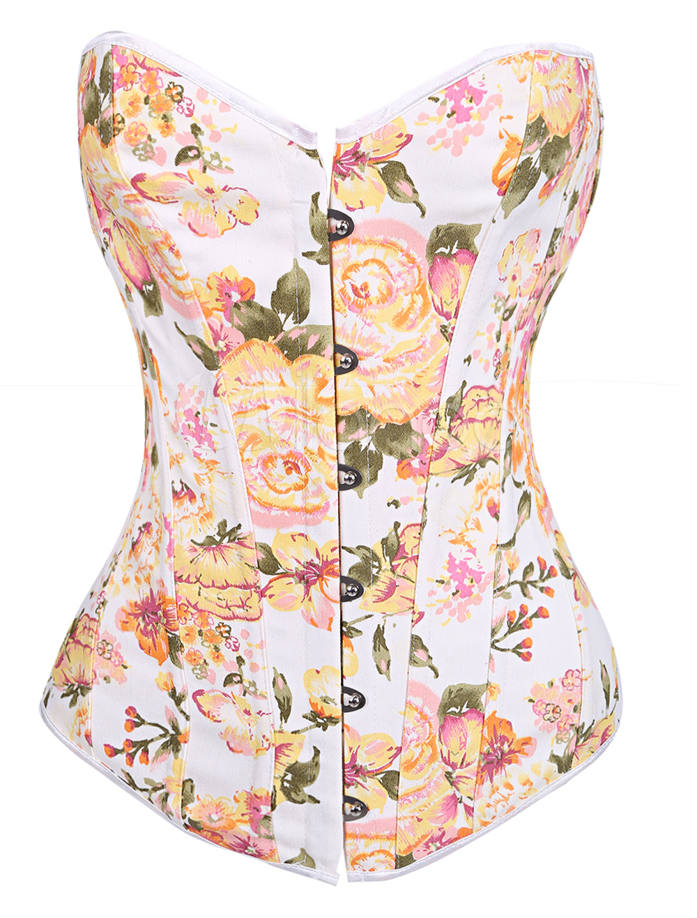 White Floral Print Cotton Lace Up Corsets