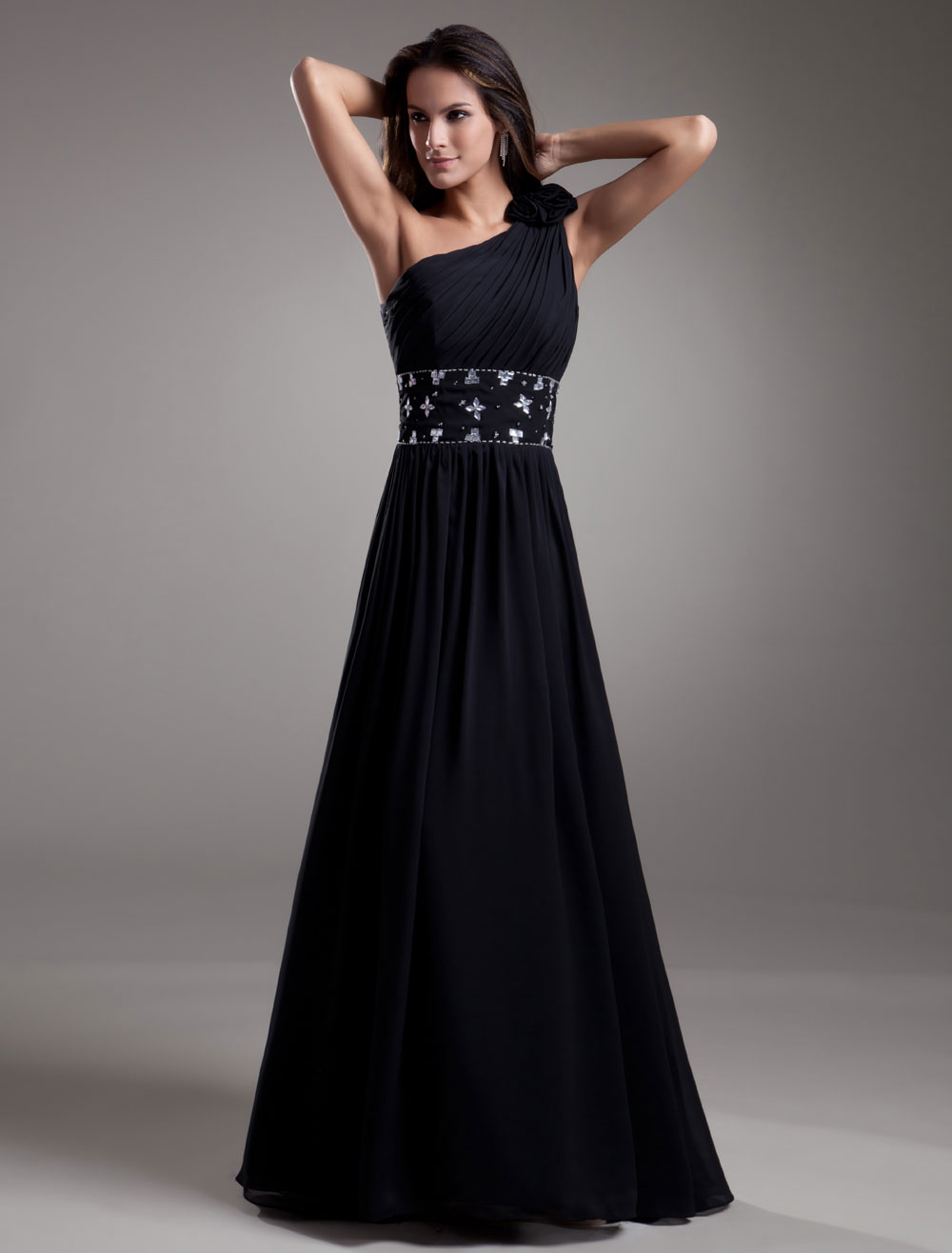 Formal Black Chiffon One-Shoulder Evening Dress - Milanoo.com