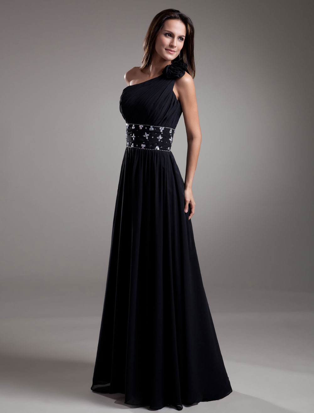 Formal Black Chiffon One-Shoulder Evening Dress - Milanoo.com