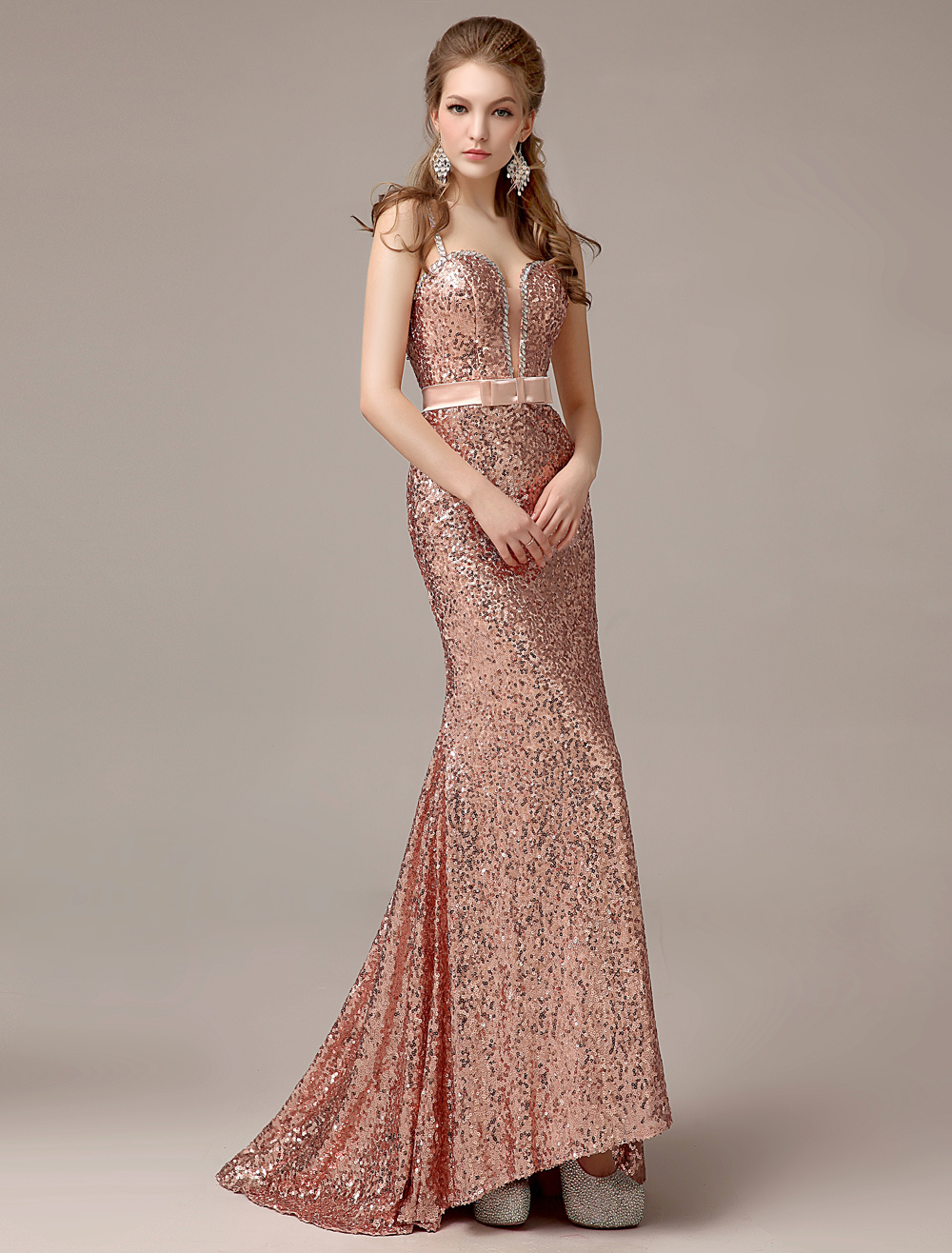 Rose Gold Prom Dresses Long Nude Mermaid Evening Dress Sequined