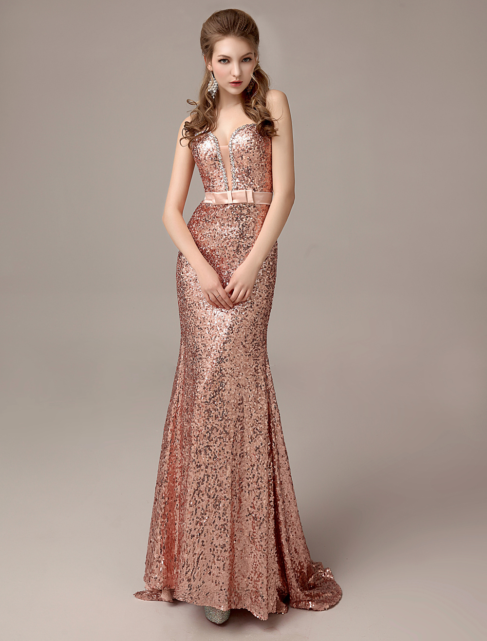 Rose Gold Prom Dresses Long Nude Mermaid Evening Dress Sequined