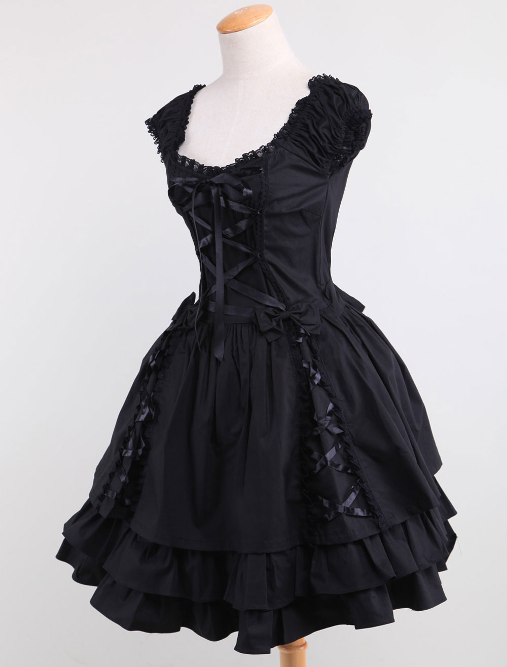 Gothic Lolita Dress OP Black Square Neck Short Sleeve Ruffle Tiered ...