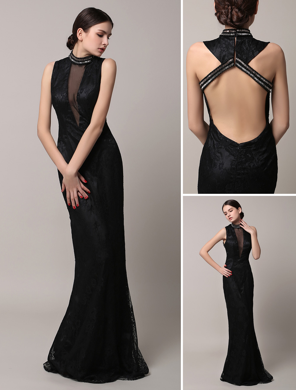 Black Prom Dresses 2021 Long Backless Evening Dress Lace Cut Out Beading Illusion Sleeveless 