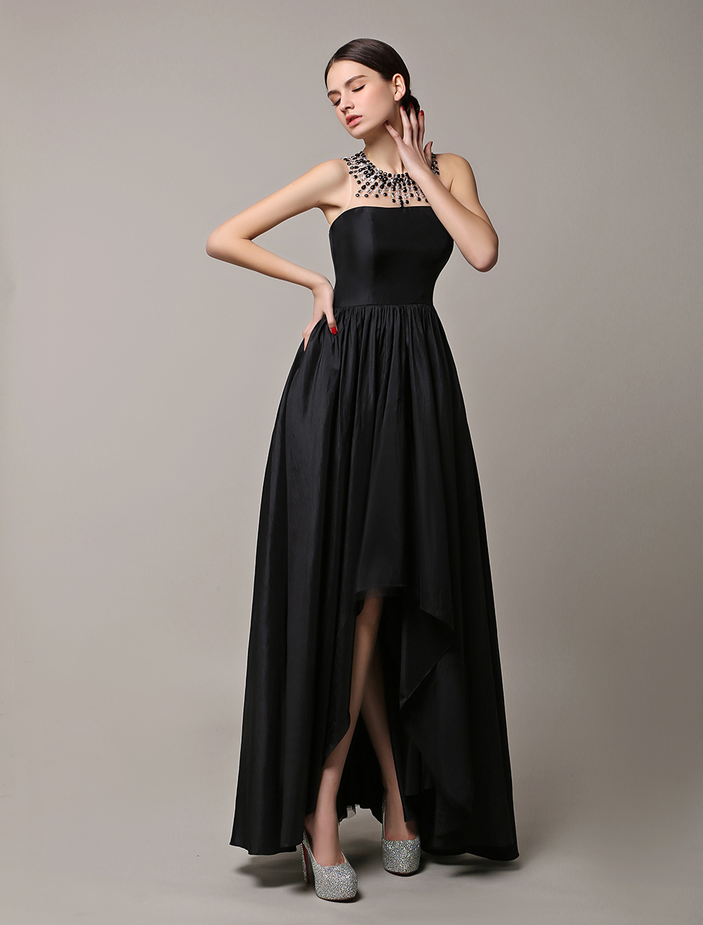 Black Prom Dresses 2021 Long Wedding Dress High Low Beading Illusion