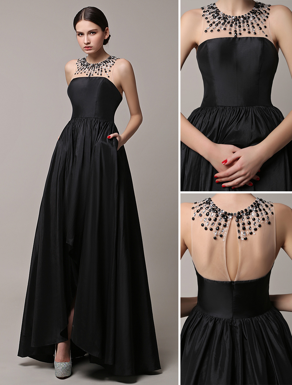 black-prom-dresses-2021-long-wedding-dress-high-low-beading-illusion-neckline-taffeta-evening