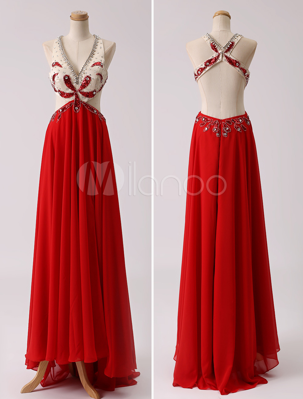 2025 Gorgeous Red Beading Open Back Chiffon Prom Dresses main image 0